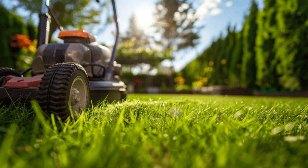 Close-up of a lawnmower in use on a sunny day, cutting through green grass in a backyard with trees and a fence in the background. Property Maintenance for landlords