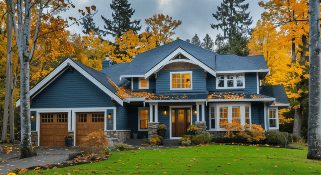 A blue two-story house with a well-maintained lawn surrounded by autumn trees. The house has a front porch, upper balcony, and a garage with wooden doors. Property maintenance for landlords