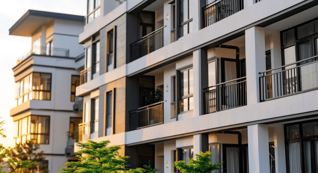 Modern apartment buildings with balconies and large windows are illuminated by sunlight. Green foliage is visible in the foreground.