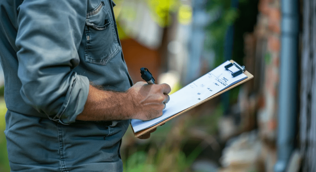 Person holding a clipboard and pen, writing notes outdoors. The person is wearing a long-sleeved shirt. The background is slightly blurred with greenery and a building. Professional Property Management 