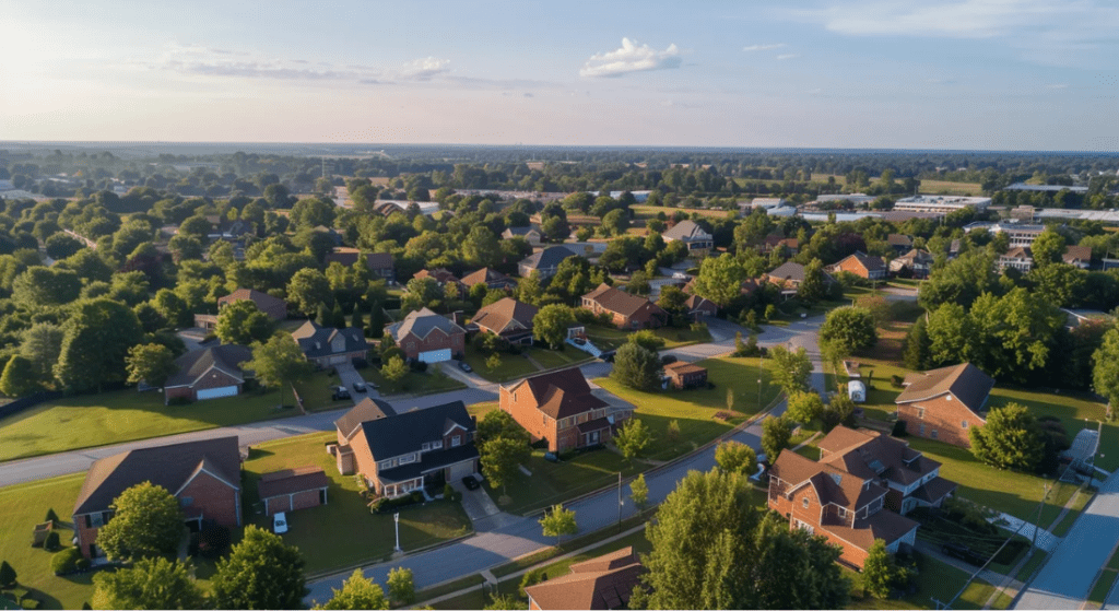 Aerial view of a suburban neighborhood with rows of houses, green lawns, and tree-lined streets under a clear sky. how to attract tenant in clarksville