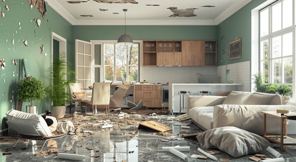 A living room and kitchen with damaged walls and ceiling, debris scattered on the floor, and furniture in disarray. Tenant Damage. 