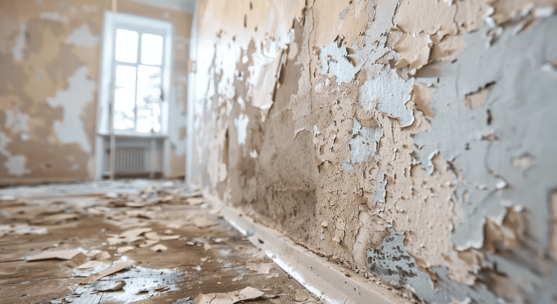 A room with peeling paint and damaged walls, debris covering the floor, and a window providing natural light in the background. Tenant Damage