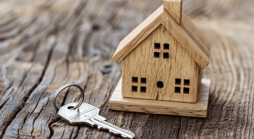 A small wooden model house sits on a rustic wooden surface beside two metal keys. tenant red flags