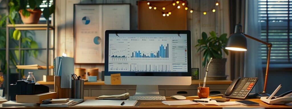 A desktop computer displaying financial graphs and charts on a wooden desk surrounded by office supplies, a desk lamp, potted plants, and a bookshelf. String lights and blinds decorate the background wall.