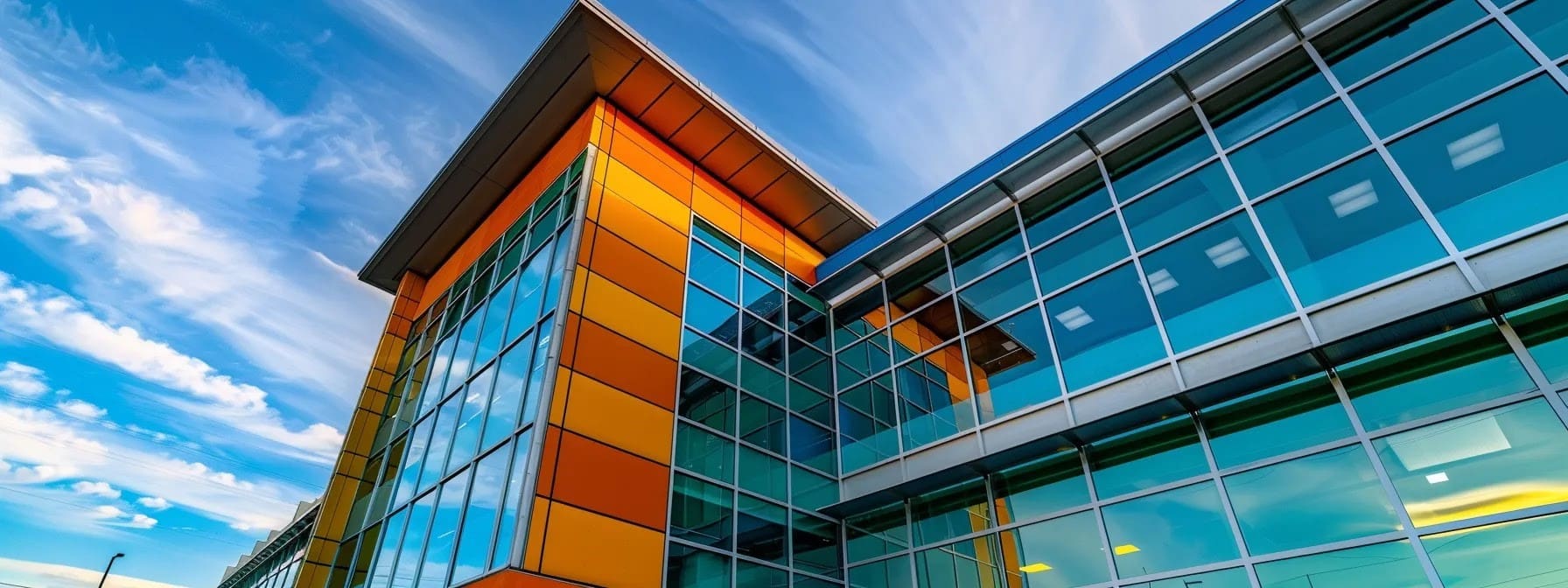 A modern building with a glass facade and colorful exterior panels against a blue sky with scattered white clouds.