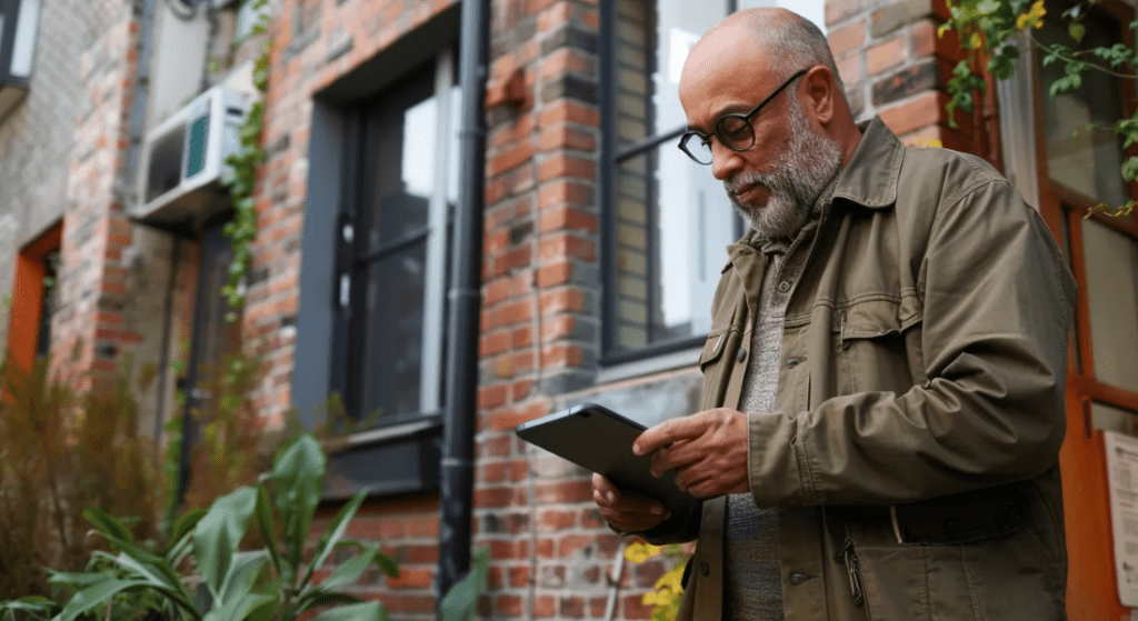 A bald man with glasses and a beard is standing outdoors in front of a brick building, looking at a tablet. He is wearing a green jacket. how often should landlord inspect property