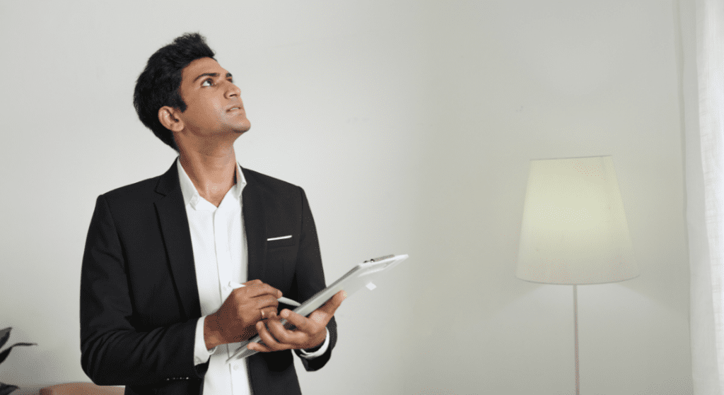 A man in a black suit stands indoors, looking upward and holding a pen and clipboard. A floor lamp and a small plant are visible in the background. how often should landlord inspect property