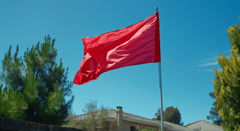 A solid red flag waves in the wind on a flagpole against a clear blue sky, with trees and a house in the background. tenant red flags