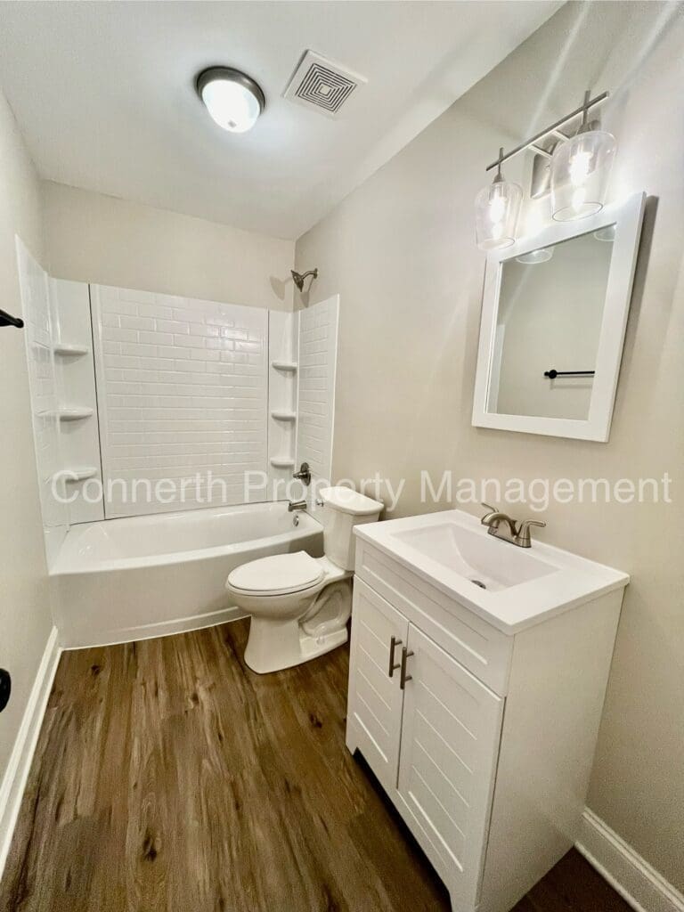 Bathroom with a bathtub-shower combo, white vanity, mirror, and toilet. Wood-look flooring and overhead light. Walls are light-colored.